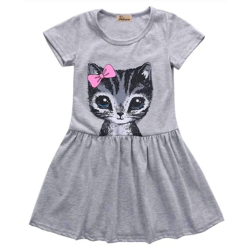 Summer girl dress cat print grey baby girl dress children clothing children dress 0-8years kids dresses