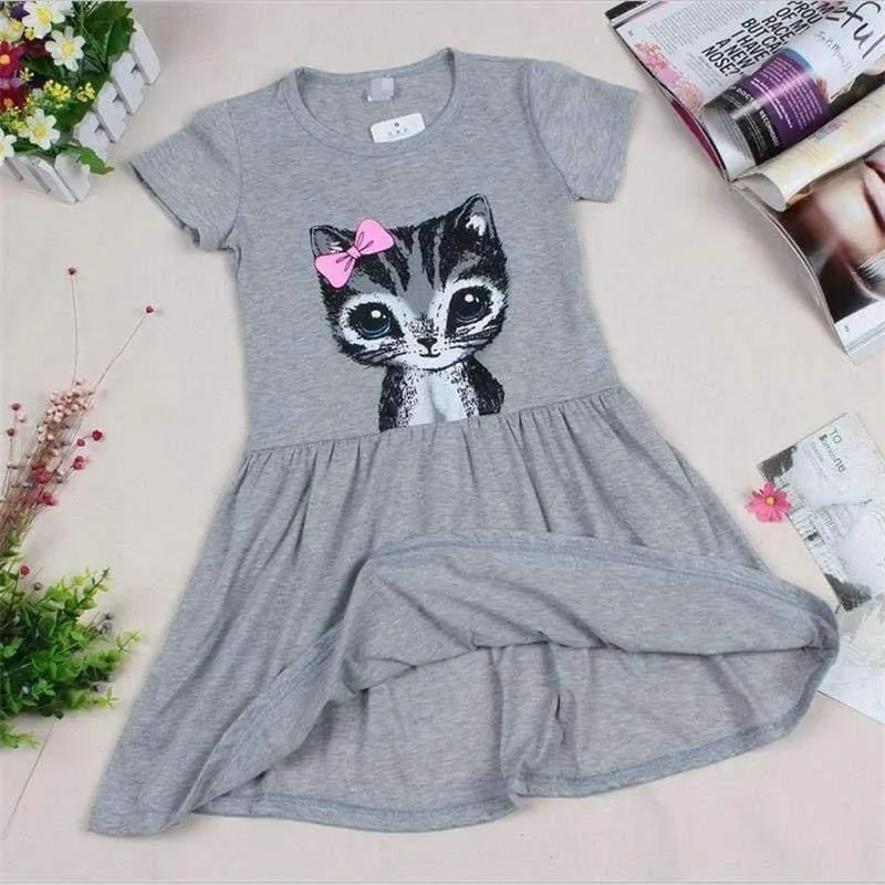 Summer girl dress cat print grey baby girl dress children clothing children dress 0-8years kids dresses