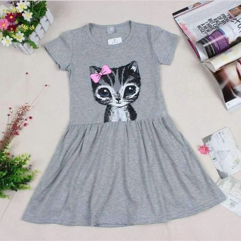 Summer girl dress cat print grey baby girl dress children clothing children dress 0-8years kids dresses