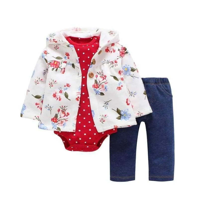 Newborn Baby boy Girls 3 Pieces Set Clothes Hooded Zipper Full Sleeve Open flowers Coat+Full Sleeve Bodysuits+Pants