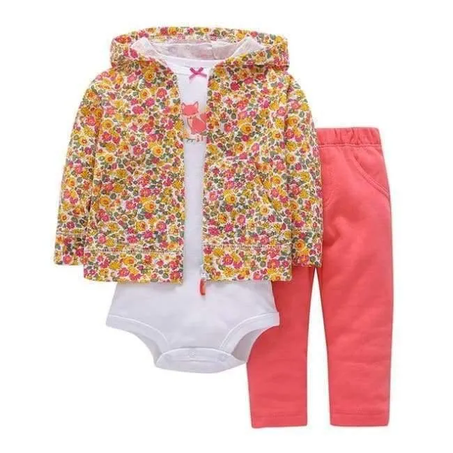 Newborn Baby boy Girls 3 Pieces Set Clothes Hooded Zipper Full Sleeve Open flowers Coat+Full Sleeve Bodysuits+Pants