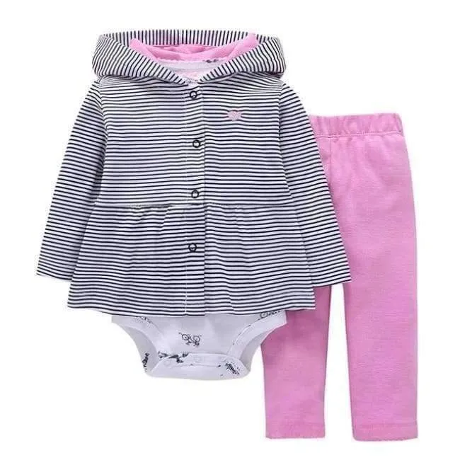 Newborn Baby boy Girls 3 Pieces Set Clothes Hooded Zipper Full Sleeve Open flowers Coat+Full Sleeve Bodysuits+Pants