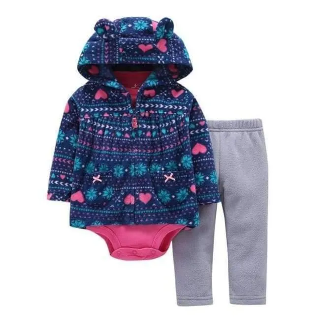 Newborn Baby boy Girls 3 Pieces Set Clothes Hooded Zipper Full Sleeve Open flowers Coat+Full Sleeve Bodysuits+Pants