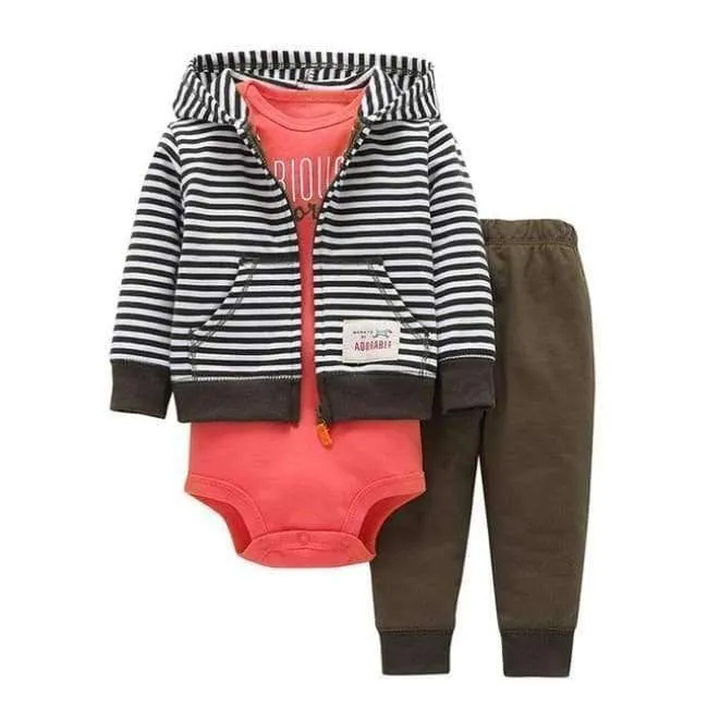 Newborn Baby boy Girls 3 Pieces Set Clothes Hooded Zipper Full Sleeve Open flowers Coat+Full Sleeve Bodysuits+Pants