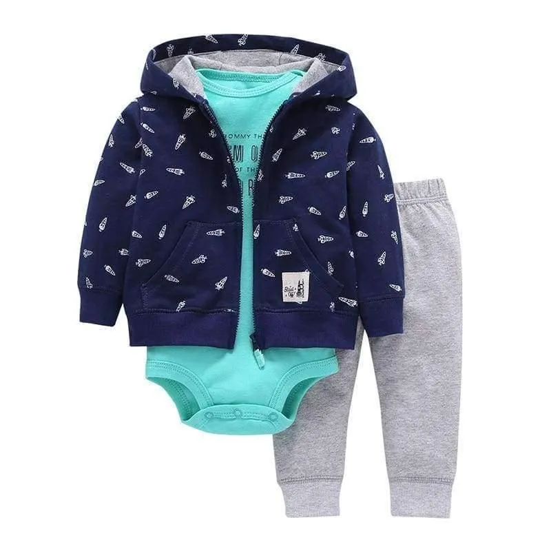 Newborn Baby boy Girls 3 Pieces Set Clothes Hooded Zipper Full Sleeve Open flowers Coat+Full Sleeve Bodysuits+Pants