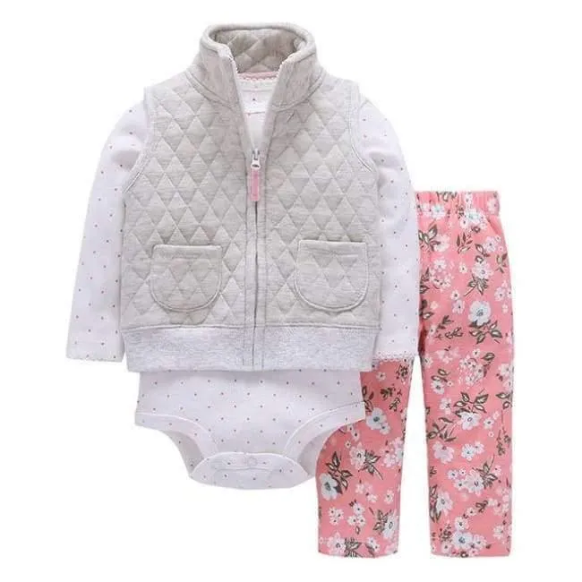 Newborn Baby boy Girls 3 Pieces Set Clothes Hooded Zipper Full Sleeve Open flowers Coat+Full Sleeve Bodysuits+Pants