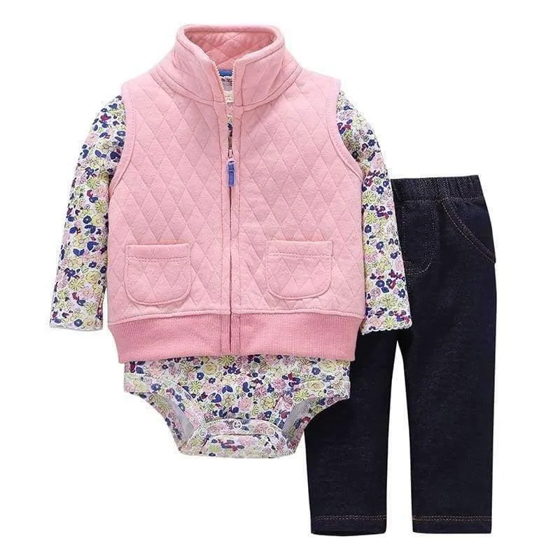 Newborn Baby boy Girls 3 Pieces Set Clothes Hooded Zipper Full Sleeve Open flowers Coat+Full Sleeve Bodysuits+Pants