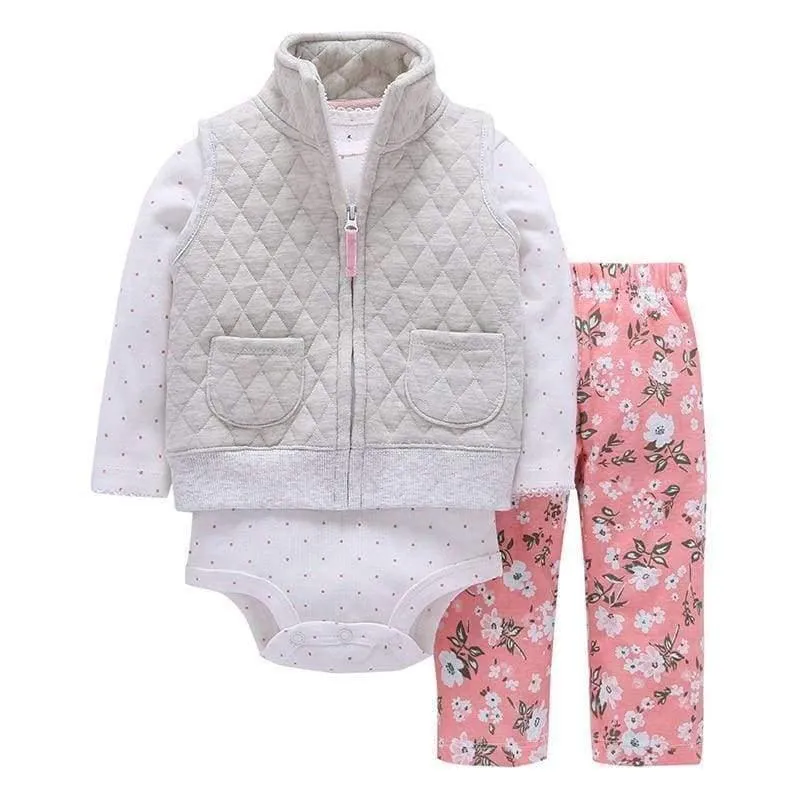 Newborn Baby boy Girls 3 Pieces Set Clothes Hooded Zipper Full Sleeve Open flowers Coat+Full Sleeve Bodysuits+Pants