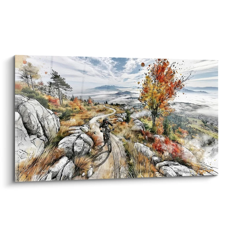Tableau Cycliste sur sentier rocheux orange et gris - Échappée d'automne - Edition VTT