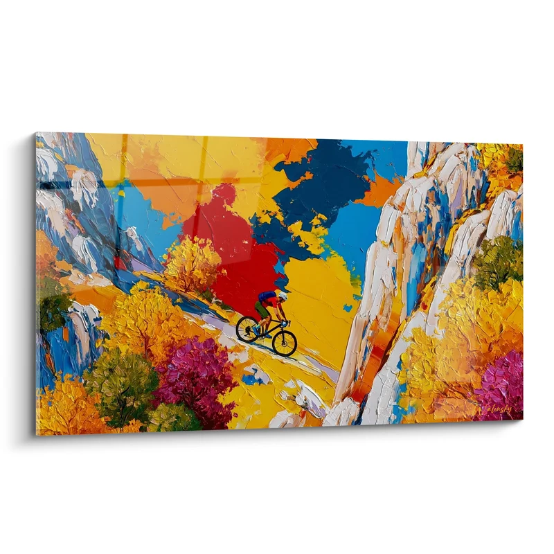 Tableau Cycliste bleu et rouge entre falaises calcaires - Buissons roses en fleurs - Edition VTT