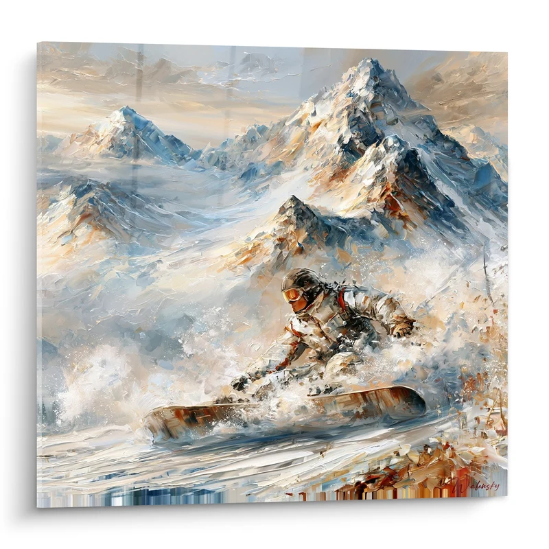 Tableau Snowboardeur bleu et ocre dans la poudreuse - Descente fulgurante - Edition Snowboard