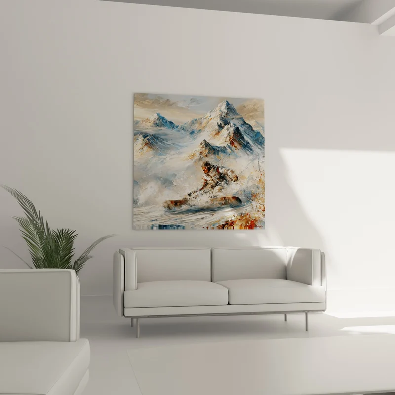 Tableau Snowboardeur bleu et ocre dans la poudreuse - Descente fulgurante - Edition Snowboard