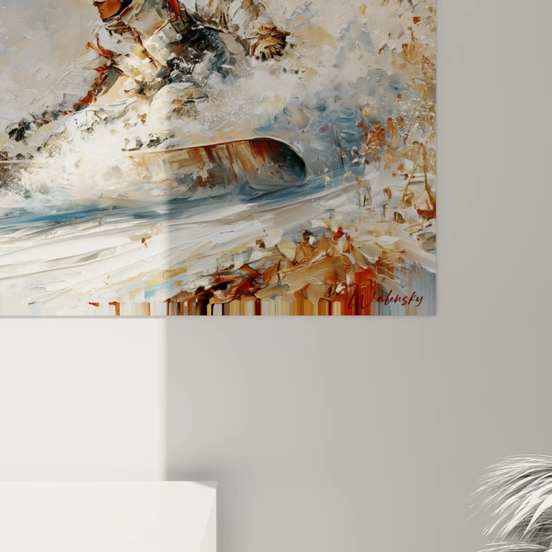 Tableau Snowboardeur bleu et ocre dans la poudreuse - Descente fulgurante - Edition Snowboard