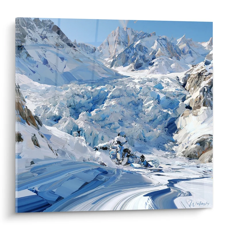 Tableau Snowboardeur dévalant un glacier bleu et blanc - Descente vertigineuse - Edition Snowboard