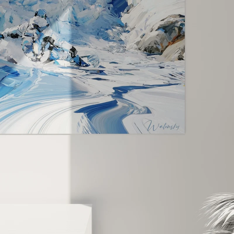 Tableau Snowboardeur dévalant un glacier bleu et blanc - Descente vertigineuse - Edition Snowboard