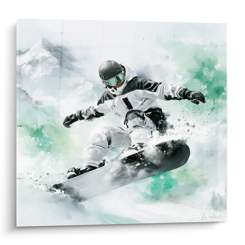 Tableau Snowboardeur blanc et vert menthe - Saut suspendu - Edition Snowboard