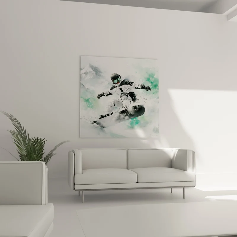 Tableau Snowboardeur blanc et vert menthe - Saut suspendu - Edition Snowboard