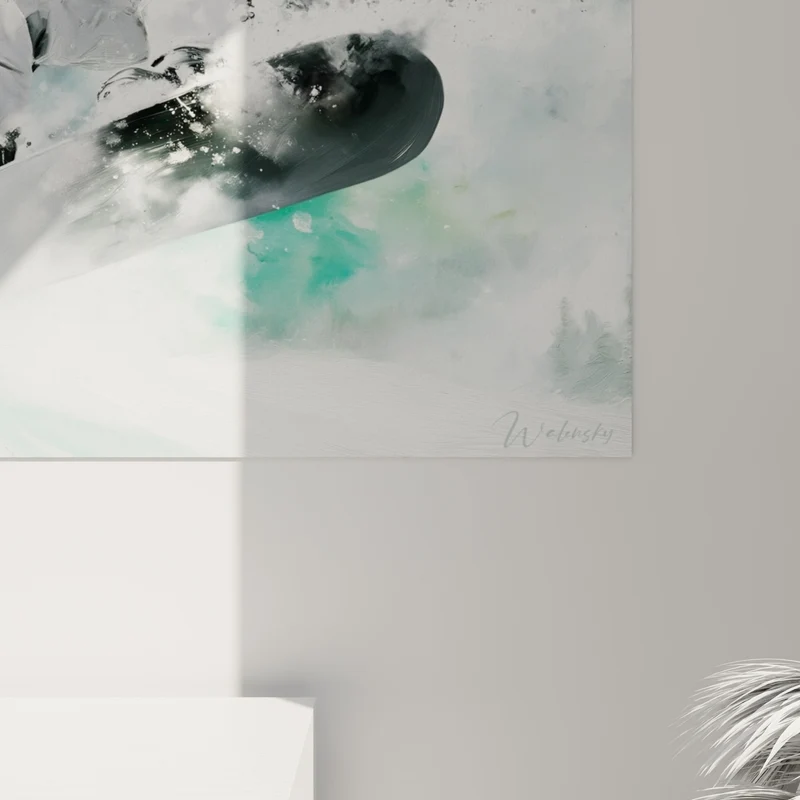 Tableau Snowboardeur blanc et vert menthe - Saut suspendu - Edition Snowboard