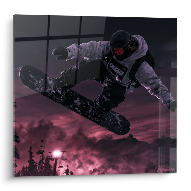 Tableau Snowboardeur suspendu ciel pourpre montagne - Envol nocturne - Edition Snowboard