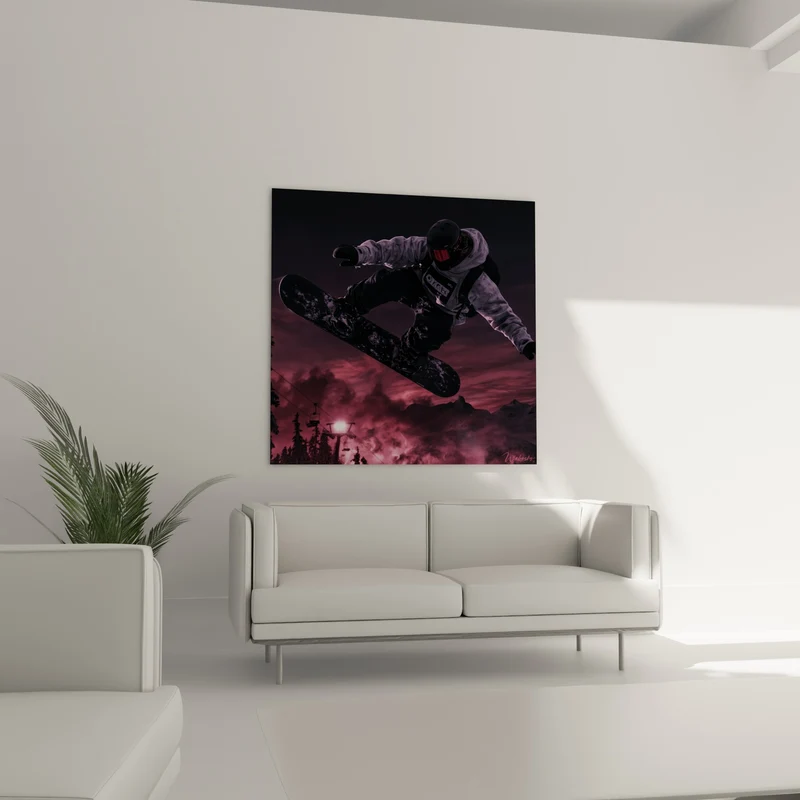 Tableau Snowboardeur suspendu ciel pourpre montagne - Envol nocturne - Edition Snowboard