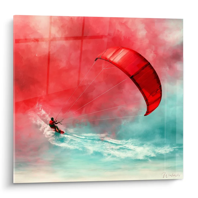 Tableau Kitesurfeur voile rouge sur écume turquoise - Glisse fulgurante - Edition Kite surf