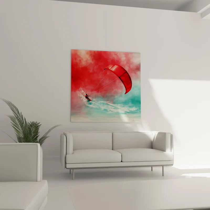 Tableau Kitesurfeur voile rouge sur écume turquoise - Glisse fulgurante - Edition Kite surf