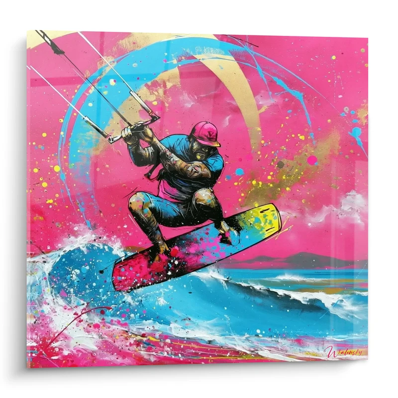 Tableau Kitesurfeur rose et bleu vibrant - Saut en apesanteur - Edition Kite surf