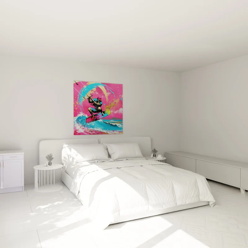 Tableau Kitesurfeur rose et bleu vibrant - Saut en apesanteur - Edition Kite surf