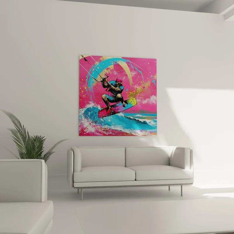 Tableau Kitesurfeur rose et bleu vibrant - Saut en apesanteur - Edition Kite surf