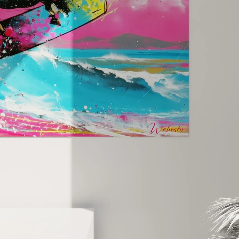Tableau Kitesurfeur rose et bleu vibrant - Saut en apesanteur - Edition Kite surf