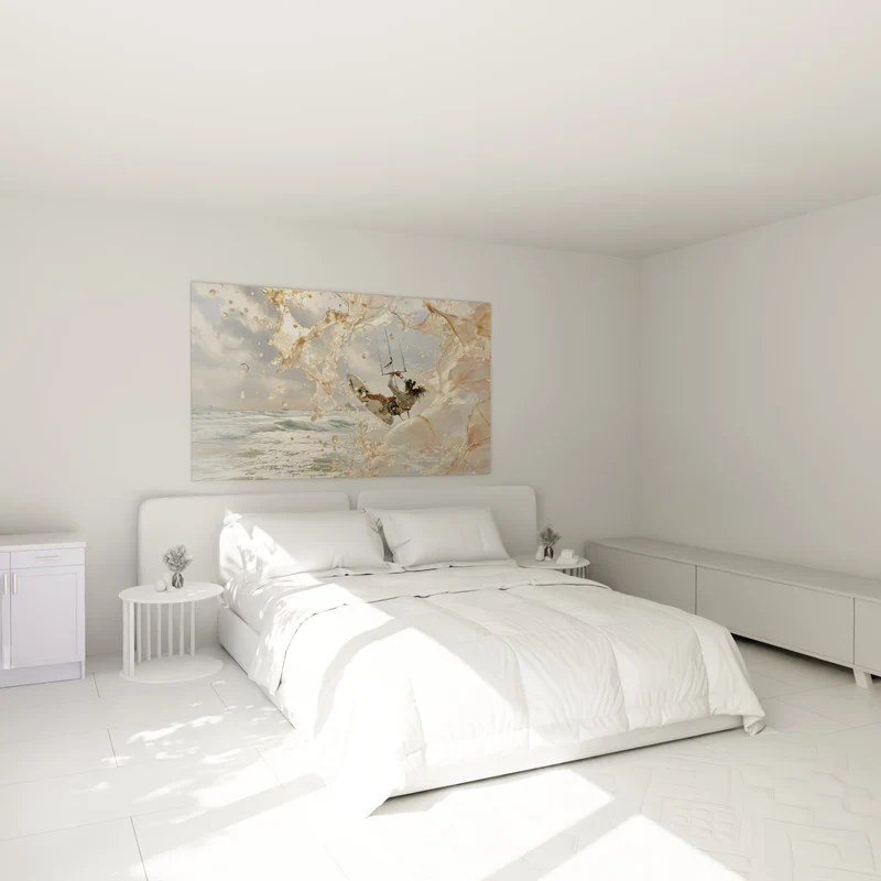 Tableau Kitesurfeur blanc et beige dans gerbe d'écume - Cheveux au vent - Edition Kite surf