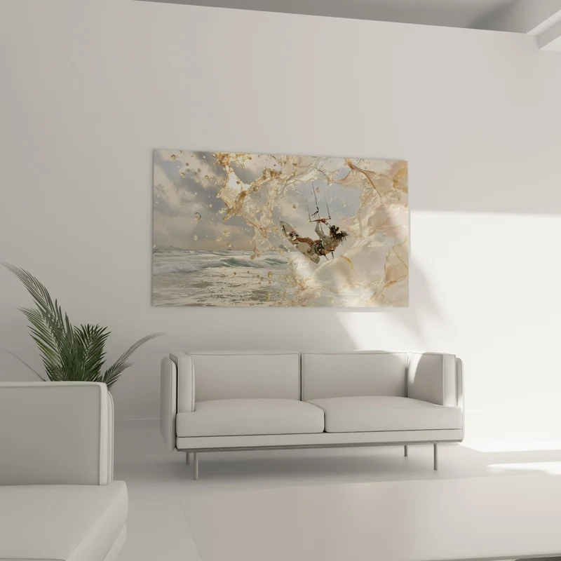 Tableau Kitesurfeur blanc et beige dans gerbe d'écume - Cheveux au vent - Edition Kite surf