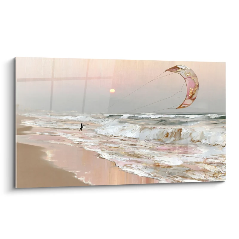 Tableau Kitesurfeur silhouette sur vagues roses dorées - Soleil sur l'écume - Edition Kite surf