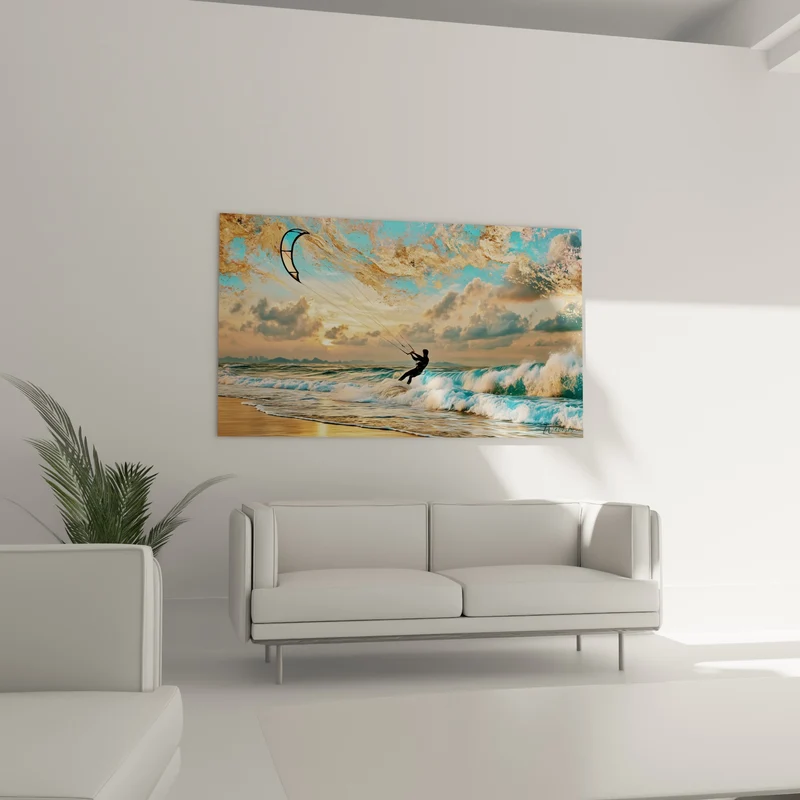 Tableau Kitesurfeur doré face aux vagues turquoise - Envol au crépuscule - Edition Kite surf