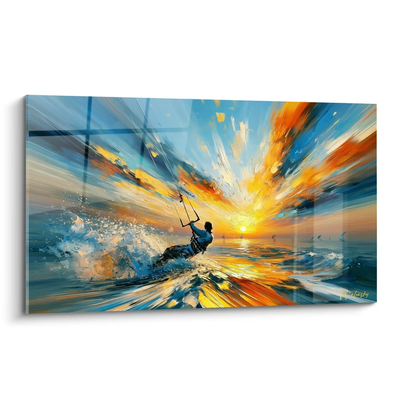 Tableau Kitesurfeur bleu et orange face au soleil - Course vers l'horizon - Edition Kite surf