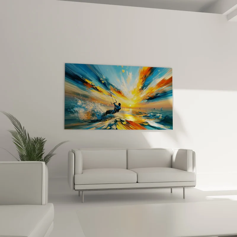 Tableau Kitesurfeur bleu et orange face au soleil - Course vers l'horizon - Edition Kite surf