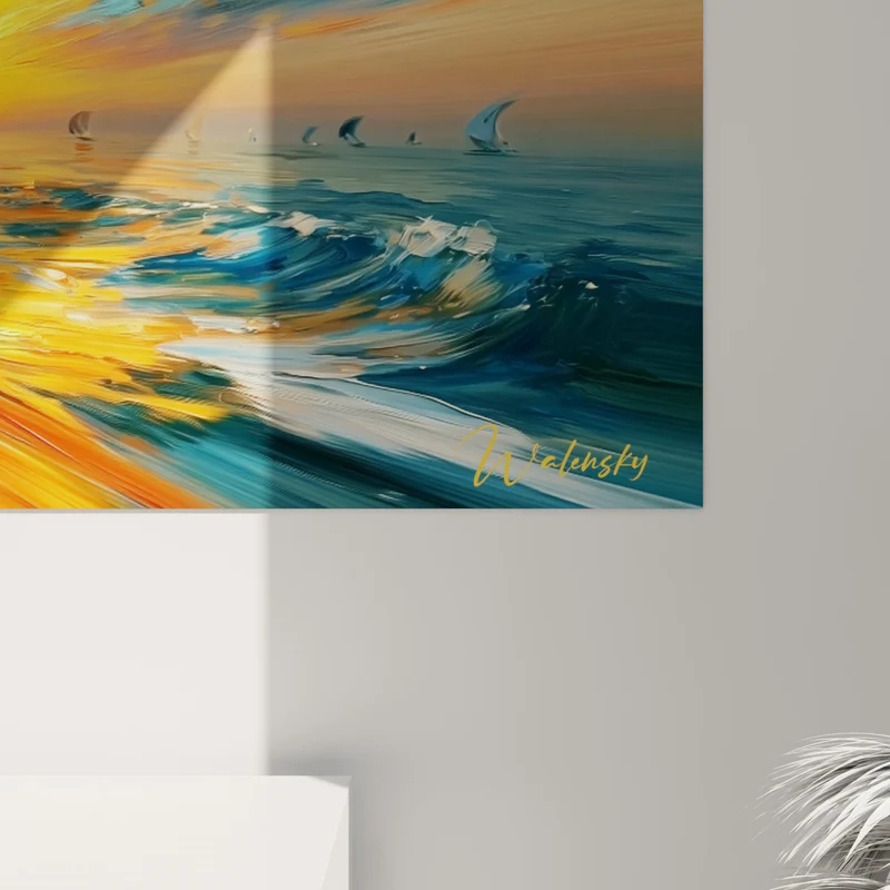 Tableau Kitesurfeur bleu et orange face au soleil - Course vers l'horizon - Edition Kite surf