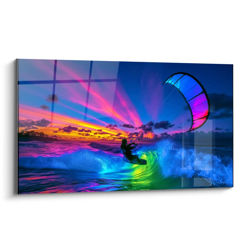 Tableau Kitesurfeur silhouette bleu et violet sur vague - Envolée crépusculaire - Edition Kite surf