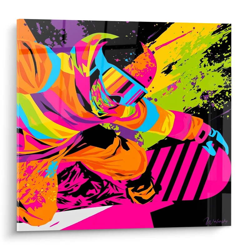 Tableau Snowboardeur casqué orange et rose fluo - Vitesse explosive - Edition Snowboard