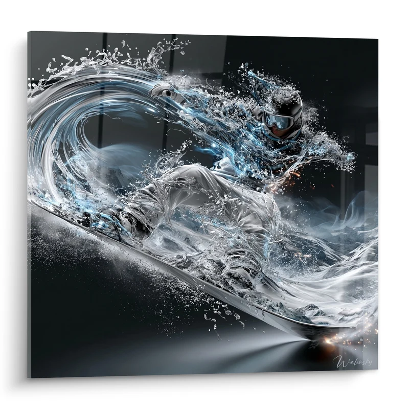 Tableau Snowboardeur en vague d'eau bleutée - Fusion liquide - Edition Snowboard