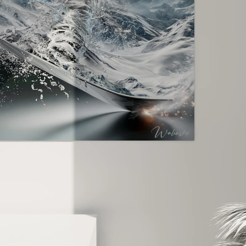 Tableau Snowboardeur en vague d'eau bleutée - Fusion liquide - Edition Snowboard
