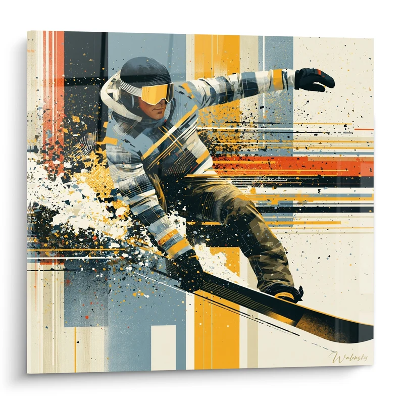 Tableau Snowboardeur ocre et bleu en pleine vitesse - Vitesse fulgurante - Edition Snowboard