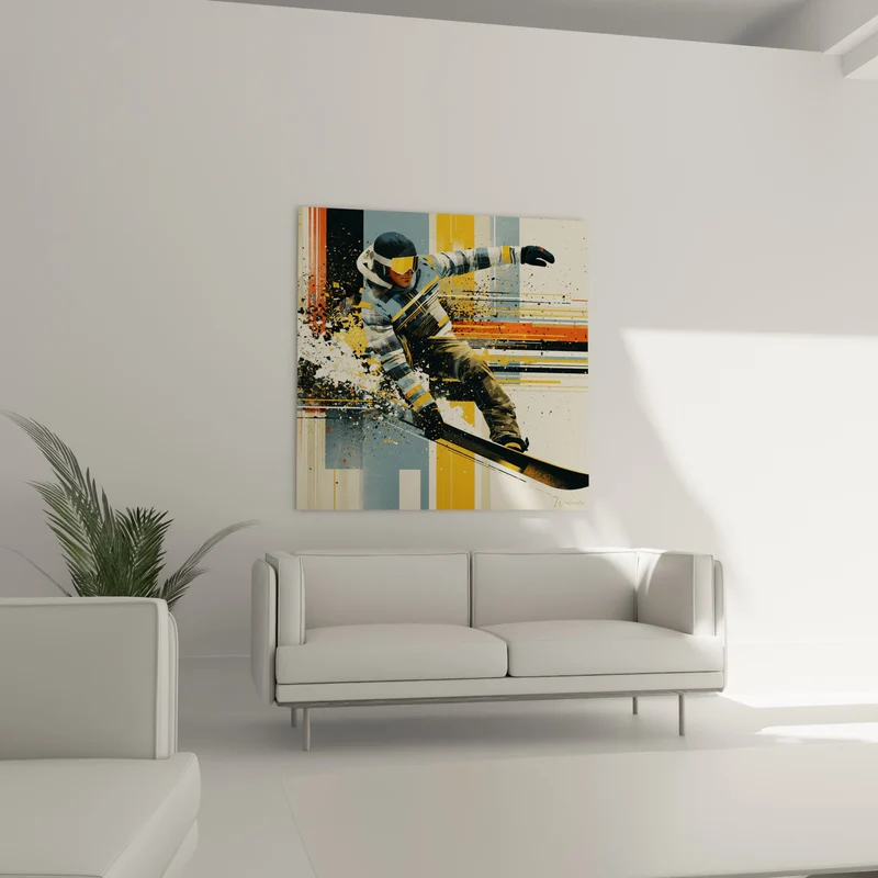 Tableau Snowboardeur ocre et bleu en pleine vitesse - Vitesse fulgurante - Edition Snowboard