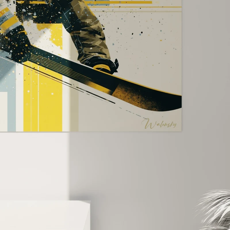 Tableau Snowboardeur ocre et bleu en pleine vitesse - Vitesse fulgurante - Edition Snowboard