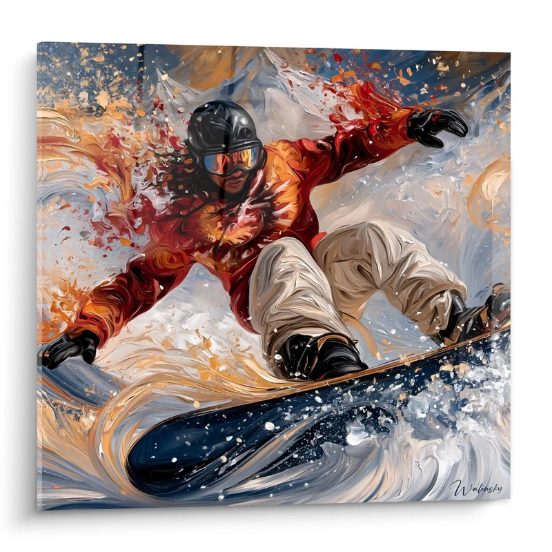 Tableau Snowboardeur en virage orange et bleu - Virage à pleine vitesse - Edition Snowboard