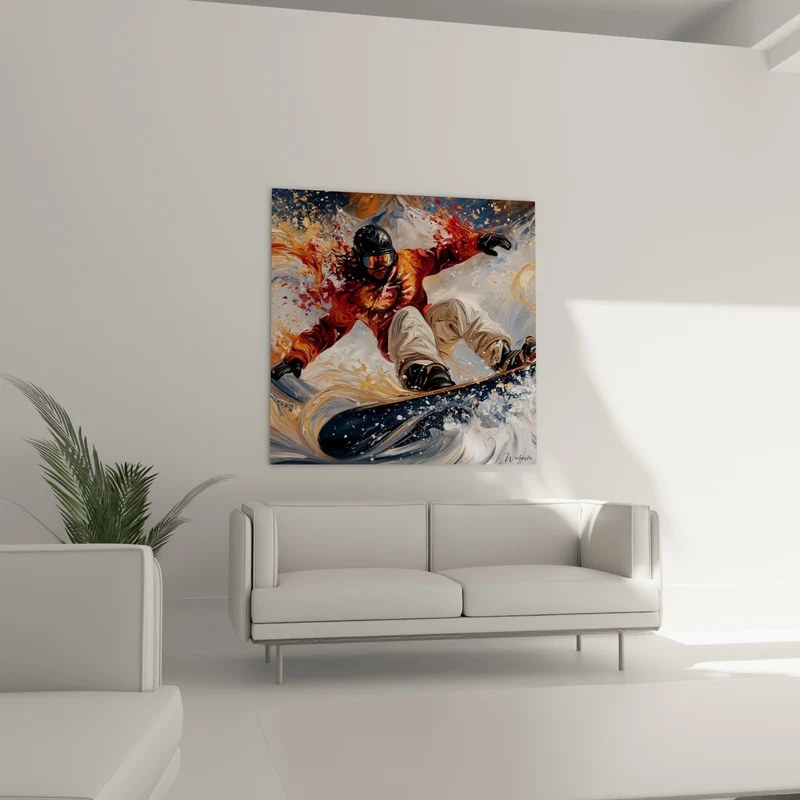 Tableau Snowboardeur en virage orange et bleu - Virage à pleine vitesse - Edition Snowboard