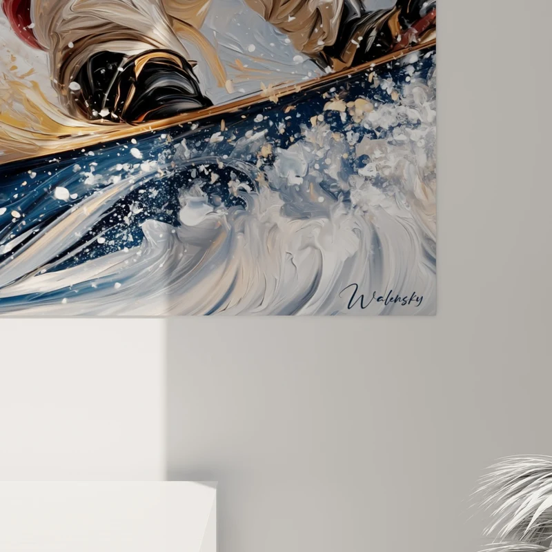 Tableau Snowboardeur en virage orange et bleu - Virage à pleine vitesse - Edition Snowboard