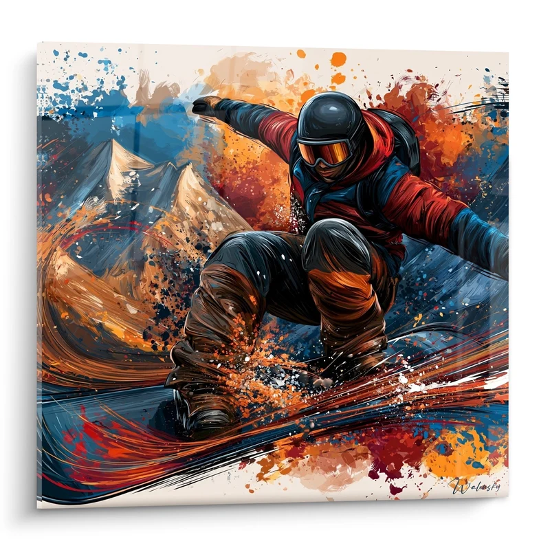 Tableau Snowboardeur bordeaux et bleu marine accroupi - Montagnes dorées en éclaboussures - Edition Snowboard
