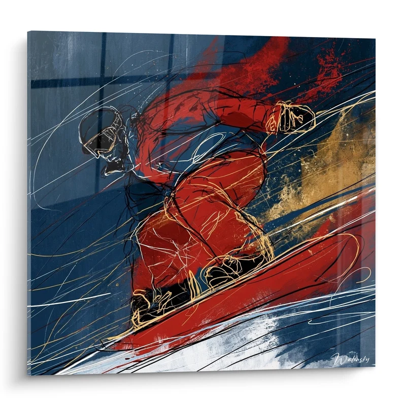 Tableau Snowboardeur rouge et bleu en virage - Vitesse en virage - Edition Snowboard