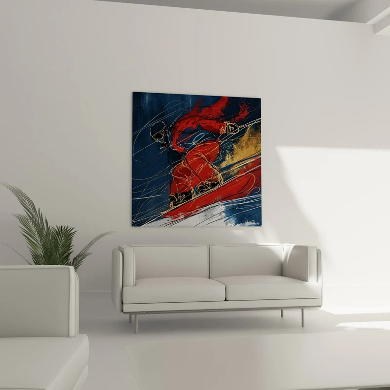 Tableau Snowboardeur rouge et bleu en virage - Vitesse en virage - Edition Snowboard